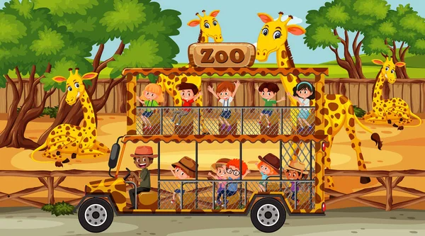 Escena Safari Con Muchas Jirafas Niños Ilustración Automóviles Turísticos — Vector de stock