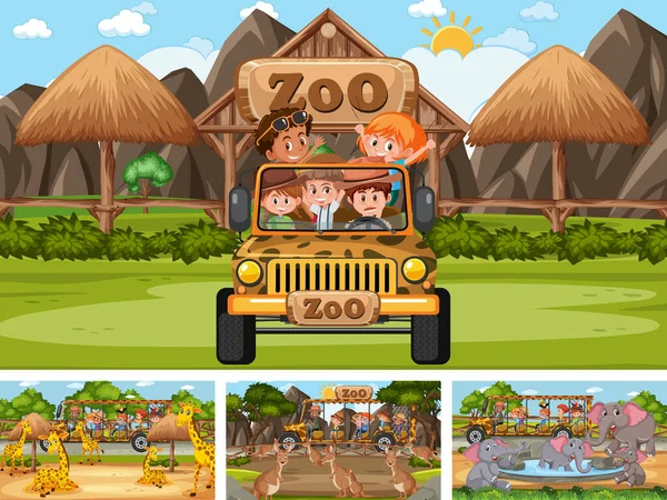 Quattro Diverse Scene Dello Zoo Con Bambini Animali Illustrazione — Vettoriale Stock