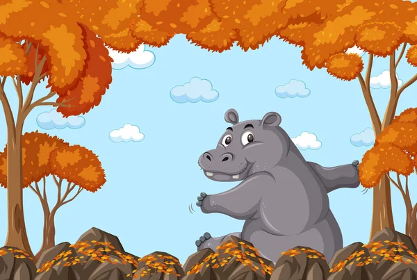 Карикатура Гіпопотама Чистому Осінньому Малюнку Лісу — стоковий вектор