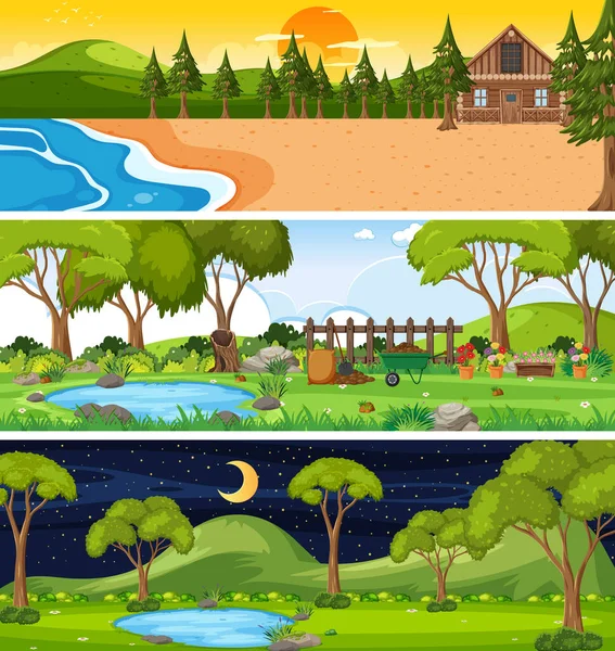 Set Tre Diverse Scene Orizzontali Natura Illustrazione — Vettoriale Stock