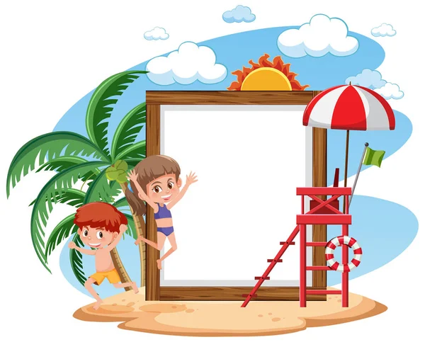 Modello Banner Vuoto Con Carattere Bambini Vacanza Estiva Spiaggia Sfondo — Vettoriale Stock