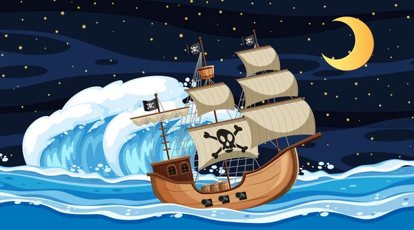 Ocean Scene Night Pirate Ship Cartoon Style Illustration — Stock Vector