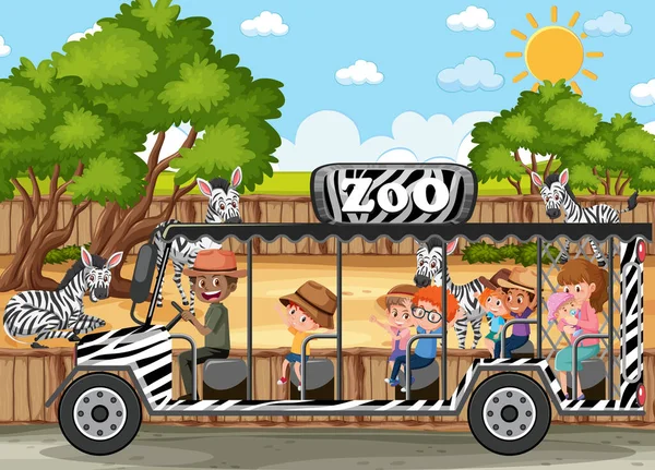 Enfants Voiture Tourisme Regardant Groupe Zèbre Dans Zoo Illustration Scène — Image vectorielle