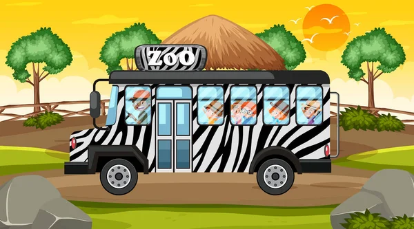 Escena Del Zoológico Con Niños Ilustración Del Autobús Del Zoológico — Archivo Imágenes Vectoriales