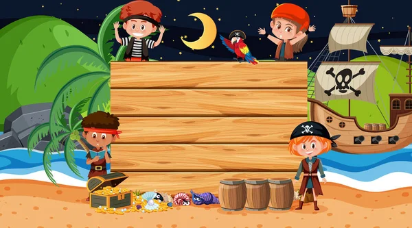 Piratbarn Stranden Nattscen Med Tom Trä Banner Mall Illustration — Stock vektor