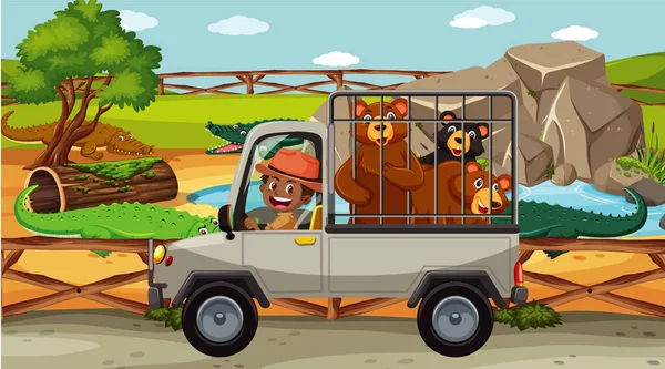 Scène Safari Avec Nombreux Ours Dans Une Cage Illustration Voiture — Image vectorielle