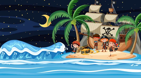 Treasure Island Cena Noite Com Crianças Piratas Ilustração — Vetor de Stock