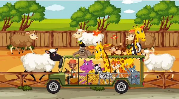 Scene Safari Con Molte Pecore Bambini Illustrazione Del Personaggio Dei — Vettoriale Stock