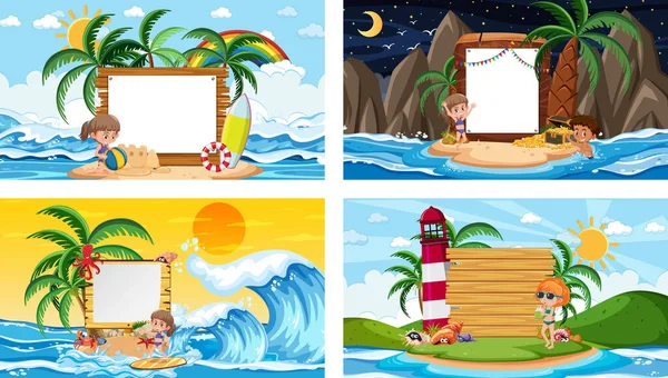 Állítsa Különböző Trópusi Strand Jelenetek Üres Banner Illusztráció — Stock Vector