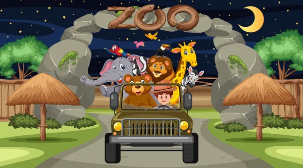 Zoo Concept Met Wild Dier Groep Jeep Auto Illustratie — Stockvector