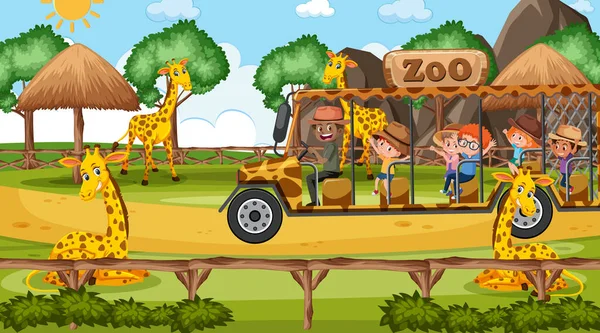 Safari Scène Jour Avec Des Enfants Regardant Illustration Girafe — Image vectorielle