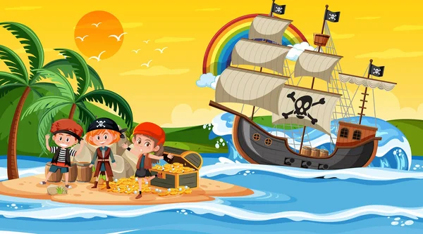 Escena Treasure Island Atardecer Con Ilustración Niños Piratas — Archivo Imágenes Vectoriales