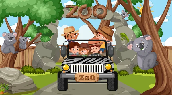 Safari Scene Met Kinderen Toeristische Auto Kijken Koala Groep Illustratie — Stockvector
