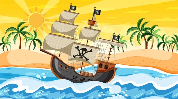 Cena Praia Pôr Sol Com Navio Pirata Ilustração Estilo Cartoon — Vetor de Stock