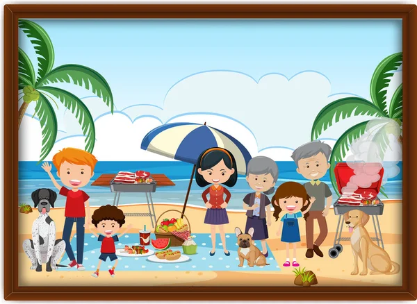 Une Photo Pique Nique Famille Heureux Plage Dans Une Illustration — Image vectorielle