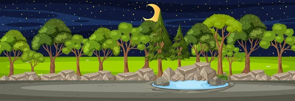 Geceleri Ormanın Yatay Sahnesinde Birçok Ağaç Çizimi Var — Stok Vektör