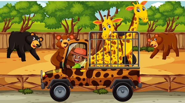 Scena Safari Con Molti Orsi Giraffa Nell Illustrazione Della Macchina — Vettoriale Stock