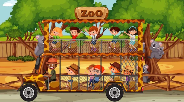 Safari Escena Diurna Con Niños Coche Turístico Ilustración — Archivo Imágenes Vectoriales