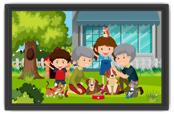 Happy Family Playing Dogs Outdoor Scene Photo Frame Illustration — Stock Vector