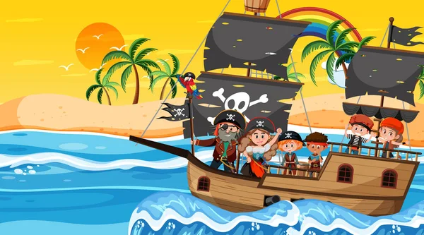 Treasure Island Cena Pôr Sol Com Crianças Piratas Navio Ilustração — Vetor de Stock