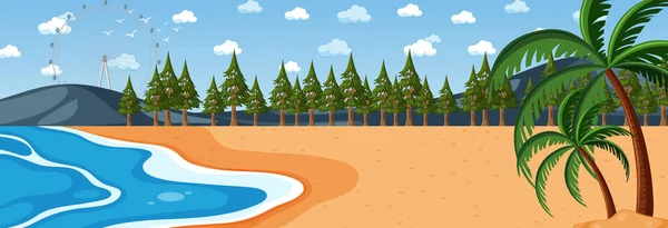 Beach Horizontal Scene Day Time Many Pine Trees Illustration — Stock Vector