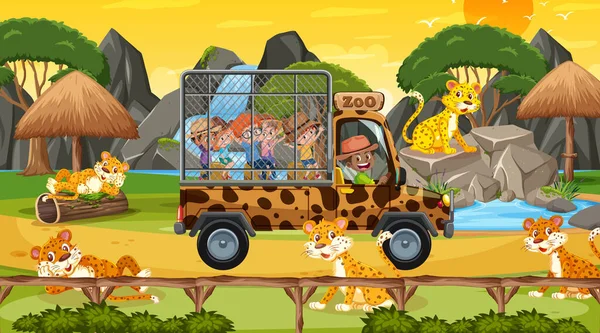 Safari Bei Sonnenuntergang Szene Mit Kindern Beobachten Leopardengruppe Illustration — Stockvektor