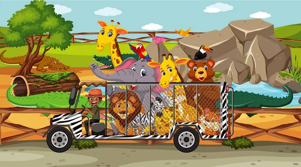 Safari Cena Com Animais Selvagens Uma Gaiola Carro Ilustração — Vetor de Stock