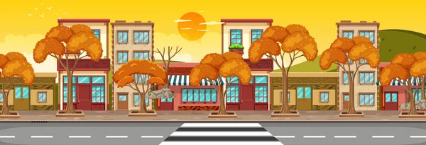 Many Store Buildings Street Horizontal Scene Sunset Time Illustration — Stock Vector
