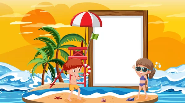 Порожній Шаблон Банера Дітьми Відпустці Пляжі Ілюстрація Сцени Заходу Сонця — стоковий вектор