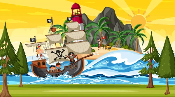 Ilha Com Navio Pirata Pôr Sol Cena Desenho Animado Estilo — Vetor de Stock