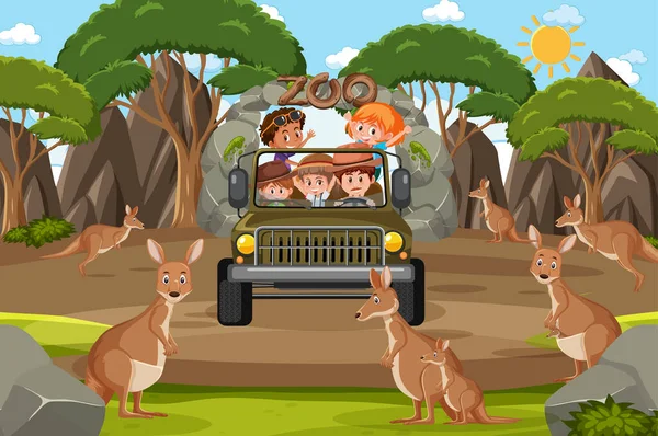 Safari Scène Avec Des Enfants Sur Voiture Tourisme Regarder Kangourou — Image vectorielle