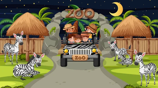 Safari Escena Nocturna Con Muchos Niños Viendo Ilustración Grupo Cebra — Archivo Imágenes Vectoriales