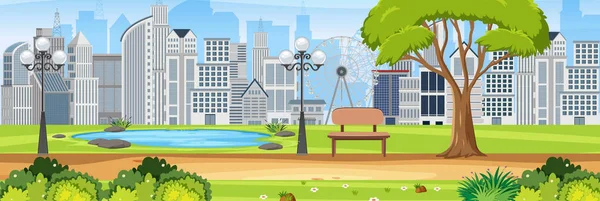 Şehir parkının yatay sahnesinde birçok bina arkaplan çizimi