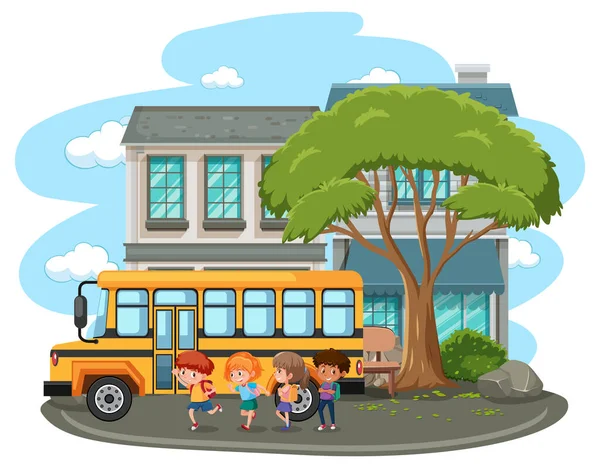 Isolated Outdoor School Scene Many Children School Bus Illustration — Stock Vector