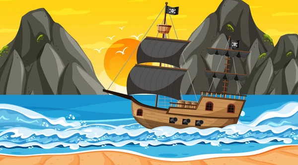 Ocean Pirate Ship Sunset Time Scene Cartoon Style Illustration — Stock Vector