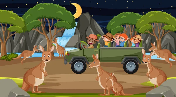 Safari Escena Nocturna Con Niños Viendo Ilustración Grupo Canguro — Archivo Imágenes Vectoriales