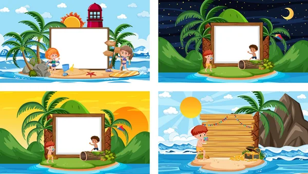 Conjunto Diferentes Cenas Praia Tropical Com Banner Ilustração Branco —  Vetores de Stock