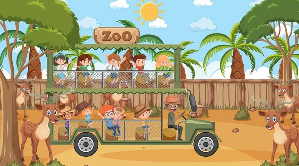 Safari Escena Diurna Con Niños Viendo Ilustración Grupo Ciervos — Archivo Imágenes Vectoriales