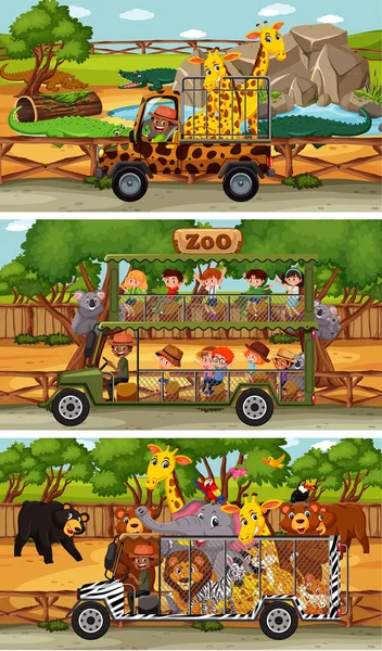 Set Diverse Scene Orizzontali Safari Con Animali Bambini Illustrazione Del — Vettoriale Stock