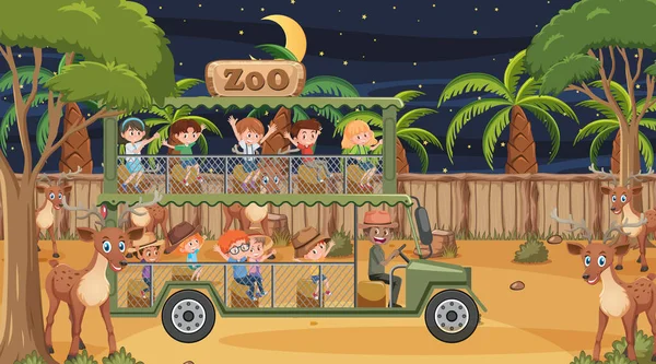 Safari Escena Nocturna Con Niños Viendo Ilustración Grupo Ciervos — Archivo Imágenes Vectoriales