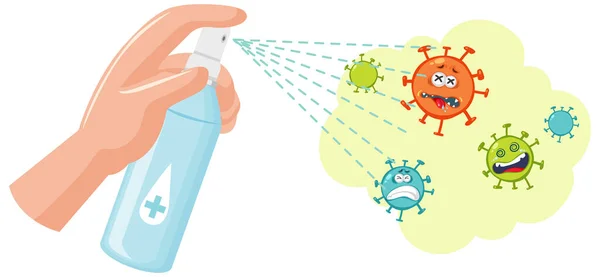 Tangan Menggunakan Pembersih Alkohol Dengan Gambar Karakter Kartun Virus - Stok Vektor