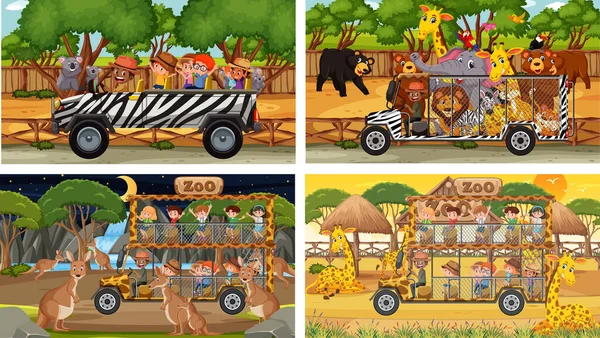 Conjunto Diferentes Animales Escenas Safari Con Ilustración Para Niños — Archivo Imágenes Vectoriales