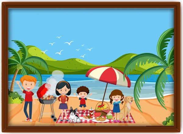 Картина Сімейного Пікніка Пляжі Рамковій Ілюстрації — стоковий вектор