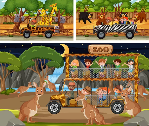 Diverse Scene Safari Con Animali Bambini Illustrazione Del Personaggio Dei — Vettoriale Stock