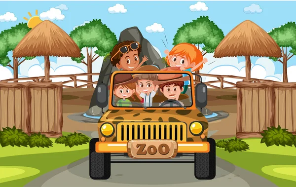 Enfants Voiture Tourisme Explorer Dans Zoo Scène Illustration — Image vectorielle