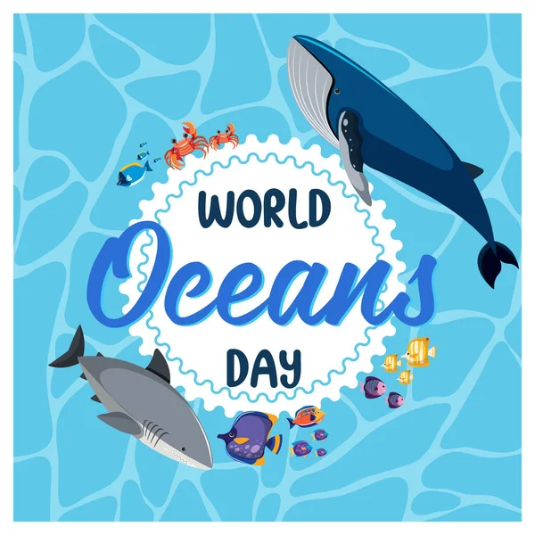 World Ocean Day Banner Many Different Sea Animals Illustration — Stock Vector