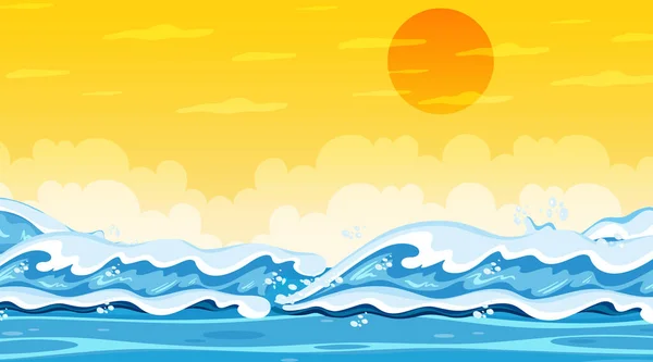 Paysage Plage Coucher Soleil Avec Illustration Vagues Océaniques — Image vectorielle