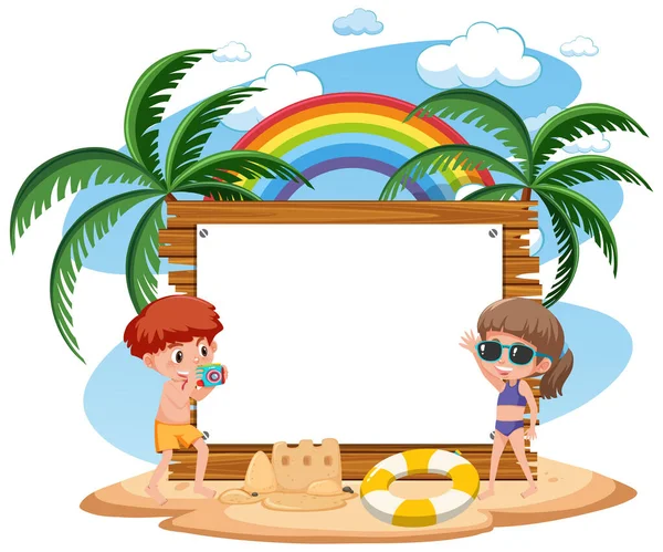 Blank Banner Template Many Kids Summer Vacation Beach Isolated Illustration — Stock Vector