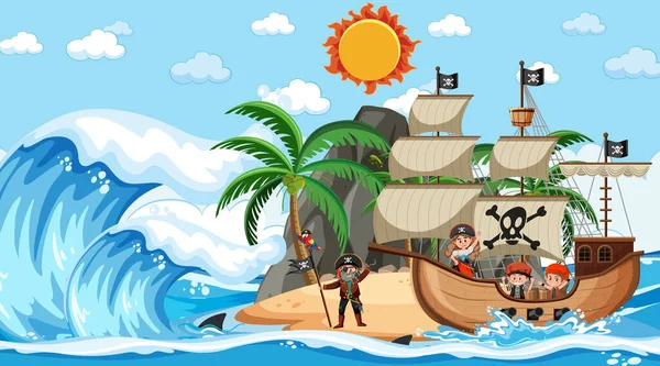 Plaża Pirate Statku Dzień Sceny Stylu Kreskówki Ilustracja — Wektor stockowy