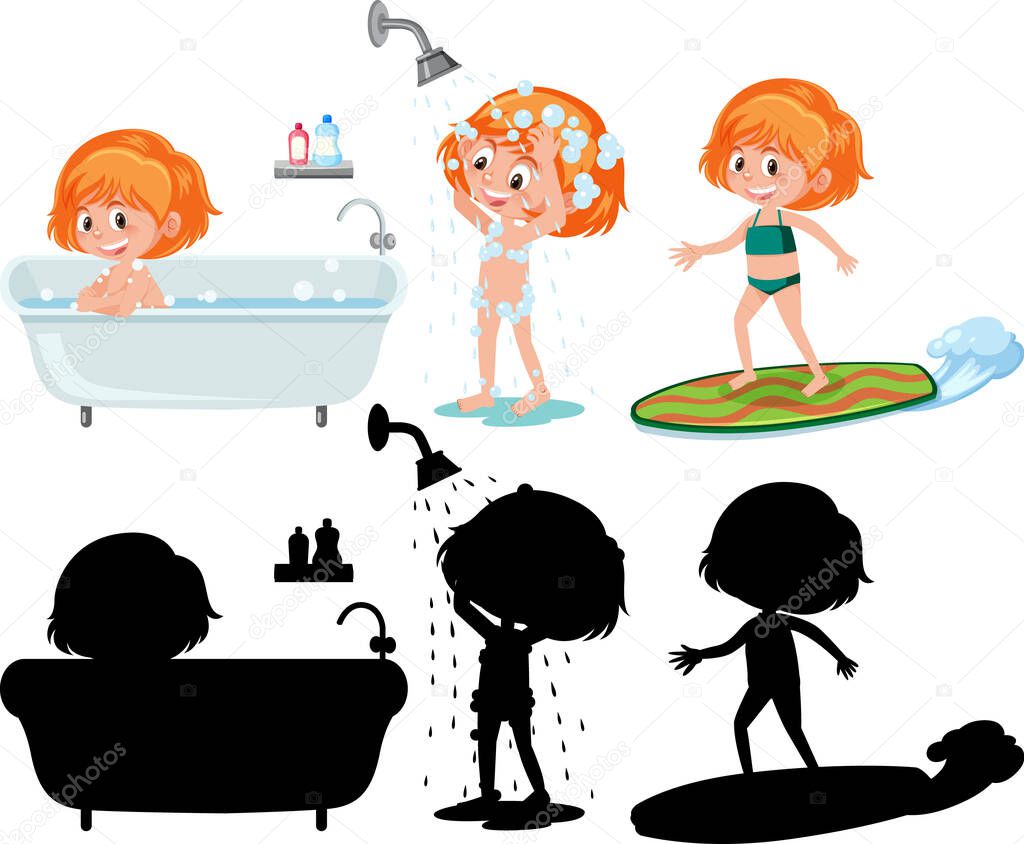 Set of different kids cartoon character take a shower with silhouette illustration